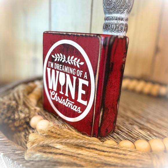 Basket Case Designs Red Wine Christmas Wood Block Sign Rustic Holiday Decor 4x4 - Picture 5 of 9
